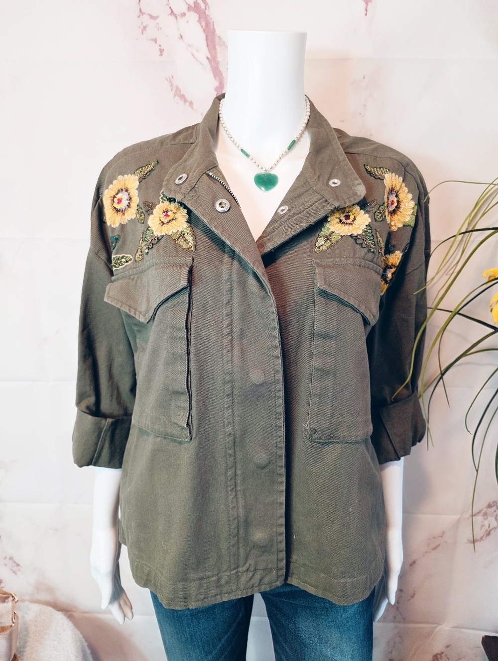 Mango Embroidered Utility Jacket Olive Floral Military Boho S - Picture 5 of 12